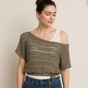 Sarah Pacini Metallic Knit Tie-Waist Sweater Top OS Slouchy Layered Look